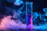 Test tube with glowing purple liquid and blue smoke creating mystical laboratory atmosphere. Scientific experiment with dramatic lighting and vapor effects.