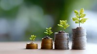 Growing plant on increasing height stack of coins showing financial growth and investment success with natural green bokeh background.
