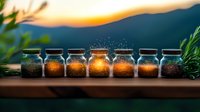 Glass jars filled with glowing golden sand arranged in row at sunset, magical sparkles rising against blurred mountain backdrop, creating mystical atmosphere.