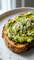 Healthy avocado toast on multigrain bread with seeds and herbs on white plate. Fresh breakfast meal with mashed avocado spread and seasoning for nutritious eating.