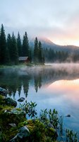 Serene mountain lake at dawn with wooden cabin surrounded by evergreen forest, misty water reflections and soft pastel sky creating peaceful wilderness atmosphere.