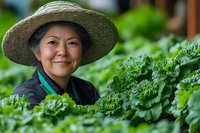 Asian female farmer wearing wide-brimmed hat smiles while tending to fresh organic lettuce crops in greenhouse garden. Sustainable agriculture and local food production.