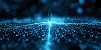 Glowing human silhouette standing on digital network grid with blue light rays and particles, representing artificial intelligence and digital transformation.