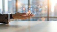 Businessman hand presenting holographic data analytics dashboard with charts and graphs in modern office environment for business intelligence solutions.