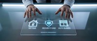 Professional hands interacting with futuristic holographic smart home security interface displaying IoT hub, security cam and auto blinds controls.