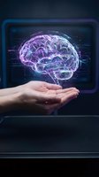 Human hand presenting holographic brain with digital neural networks and glowing purple circuits floating above palm for technology and AI concepts.