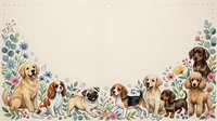 Watercolor dogs and flowers border frame on cream background with copy space, featuring golden retriever, pug, beagle, dachshund, poodle breeds.