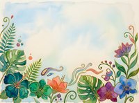 Watercolor botanical border with colorful flowers, ferns, and decorative foliage elements on cream background. Isolated design suitable for invitations, cards, and stationery projects.
