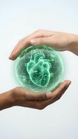 Hands holding glowing green holographic heart with digital grid overlay, representing cardiology, medical technology, healthcare innovation and heart disease awareness.