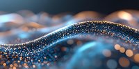 Glowing blue and gold particles forming dynamic wave shape against dark background, abstract luxury design element with bokeh light effects and sparkles.