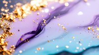 Luxurious purple and turquoise marble texture with gold glitter particles flowing in abstract fluid pattern, creating elegant decorative background.