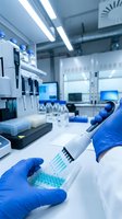 Laboratory scientist using micropipette for precise liquid handling in modern research facility with advanced equipment and sterile environment.