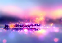Magical purple lavender branch reflection on water surface with glowing particles and dreamy sunset sky background creates ethereal atmosphere.