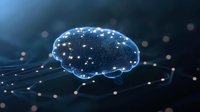 Glowing digital brain with connected neural network nodes floating over circuit paths against dark background, representing artificial intelligence and machine learning.