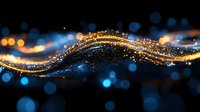 Magical glowing wave with sparkling golden particles and blue bokeh lights flowing on dark background, creating ethereal atmospheric effect.
