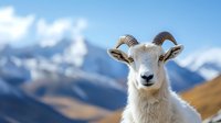 Dall sheep close up portrait with snowy mountain peaks in background, looking directly at camera with curved horns and white fur against blue sky.