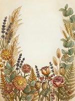 Vintage botanical illustration featuring dried flowers, wheat, lavender, roses, and eucalyptus arranged on cream background. Suitable for wedding invitations, stationery design, and home decor.