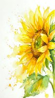 Watercolor sunflower with vibrant yellow petals and green leaves on white background with artistic paint splatters for botanical art and floral designs.