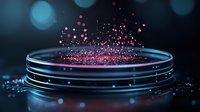 Pink glowing particles rising from laboratory petri dish against dark background with bokeh effect, scientific research concept for medical studies.