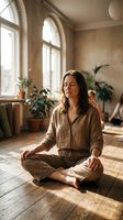 Young woman meditating in lotus position in sunlit room with plants. Peaceful mindfulness practice at home for wellness and mental health.