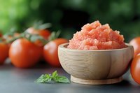 Fresh tomato granita in wooden bowl with whole tomatoes and basil leaf on dark background, selective focus on frozen dessert, summer refreshment.