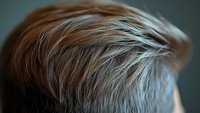 Close-up of light brown hair with silver highlights against dark background, showcasing texture and natural movement for hairstyling reference.
