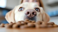 Golden retriever dog with expressive eyes looking at camera with kibble food scattered on wooden table surface in bright kitchen interior.