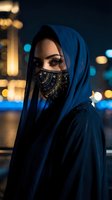 Young Middle Eastern woman wearing ornate face mask and blue hijab against blurred city lights at night for cultural fashion and modern modest wear concepts.