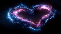 Cosmic heart shape formed by swirling galaxy dust and stars in deep space with vibrant blue and pink nebula colors against dark universe background.