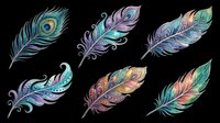 Decorative feathers with ornamental patterns, isolated on transparent background. Ready for t-shirt design, clipart, stickers, sublimation, print-on-demand products and digital crafts.