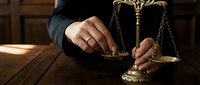 Professional lawyer or judge holding golden scales of justice at wooden desk in courtroom or law office setting for legal consultation.