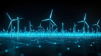 Glowing blue wind turbines on dark background with digital grid and light effects, representing renewable energy and smart technology solutions.
