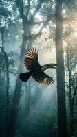 Toucan flying through misty rainforest with dramatic sunbeams filtering through dense canopy creating magical atmospheric lighting in tropical jungle.