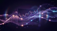 Financial data visualization with glowing candlestick chart and flowing digital waves on dark background for trading and investment analysis.