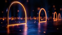 Glowing orange arches reflect on wet surface against dark background with bokeh lights creating futuristic nighttime atmosphere for modern design concepts.