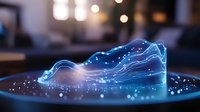Futuristic holographic data visualization with glowing blue light waves and particles floating above digital surface in modern tech environment.