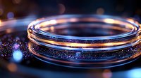 Glowing circular rings with sparkling blue and gold particles creating magical light trails against dark background, abstract macro photography for luxury design.