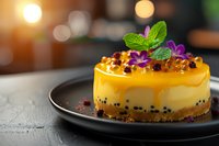 Passion fruit cheesecake with mango sauce, edible flowers and mint garnish on black plate against blurred bokeh background. Elegant dessert presentation.