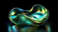 Abstract liquid metallic shape with flowing turquoise and gold waves creating dynamic movement against dark background, modern art design element for luxury branding.