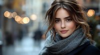 Young woman with wavy brown hair wearing gray knit scarf smiling at camera, soft bokeh city lights in background, natural makeup, autumn fashion portrait.