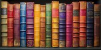 Row of vintage leather-bound books with colorful spines in red, blue, yellow, green, and purple shades arranged on wooden shelf, showing aged texture and wear.