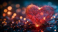 Glowing red heart shape formed by luminous particles with sparkles and bokeh lights on dark background, romantic atmosphere for Valentine's Day designs.