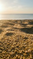 Close-up of golden pebbles and sand on a beach shore with calm ocean waters and soft sunlight in the background, suitable for travel and nature designs.
