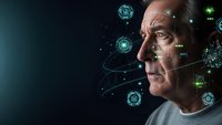 Senior Caucasian man with futuristic digital interface holographic elements and glowing green technology overlays for AI and innovation concepts.