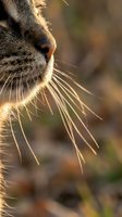 Close-up macro shot of a tabby cat nose and long whiskers glowing in warm golden sunlight with soft bokeh nature background.