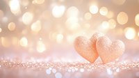 Two glittery rose gold hearts on sparkly surface with soft bokeh lights creating romantic dreamy atmosphere. Perfect for Valentine's Day designs.