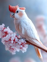 Pink and white cockatoo perched on blooming cherry blossom branch against soft blue background, showcasing delicate feathers and distinctive crest in natural setting.