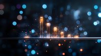 Glowing orange bar graph visualization on dark background with blue bokeh lights and particles creating atmospheric business data representation.