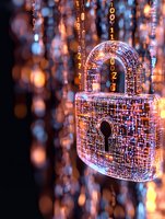 Digital padlock with binary code streams and glowing circuit patterns against dark background illustrates cybersecurity and data protection concepts.