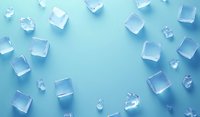 Scattered ice cubes on light blue background with copy space. Frozen water crystals creating fresh cool pattern for beverage and summer refreshment concept.